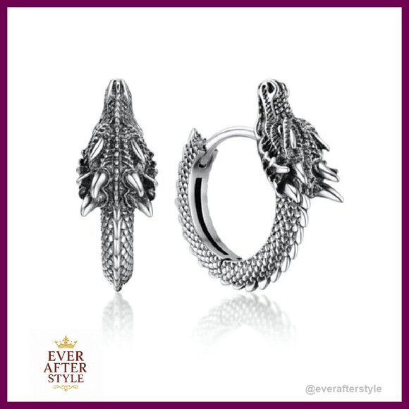 Dragon Huggie Earrings Stainless Steel Silver Hypoallergenic Retro Punk Style - Picture 2 of 8